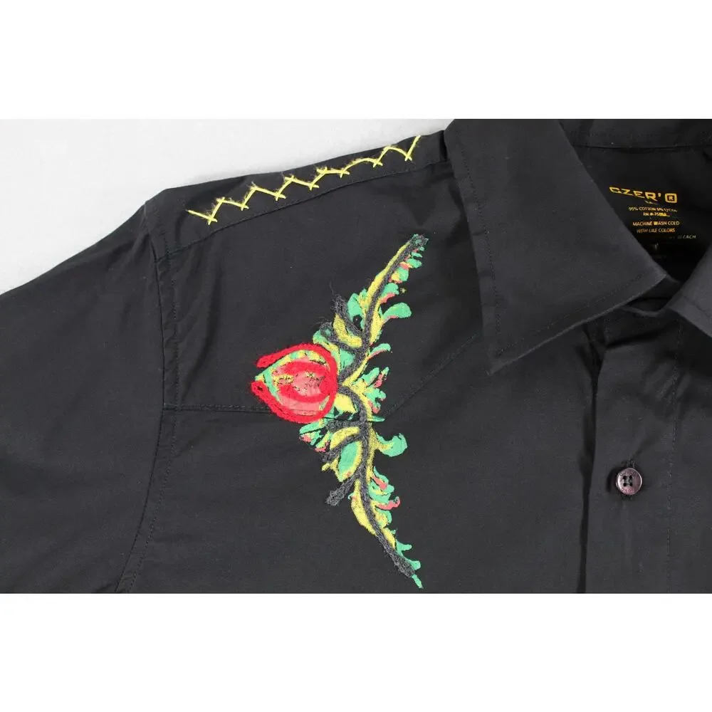 Czer' Black Embroidered Floral Button Up Shirt Men's Medium Long Sleeve